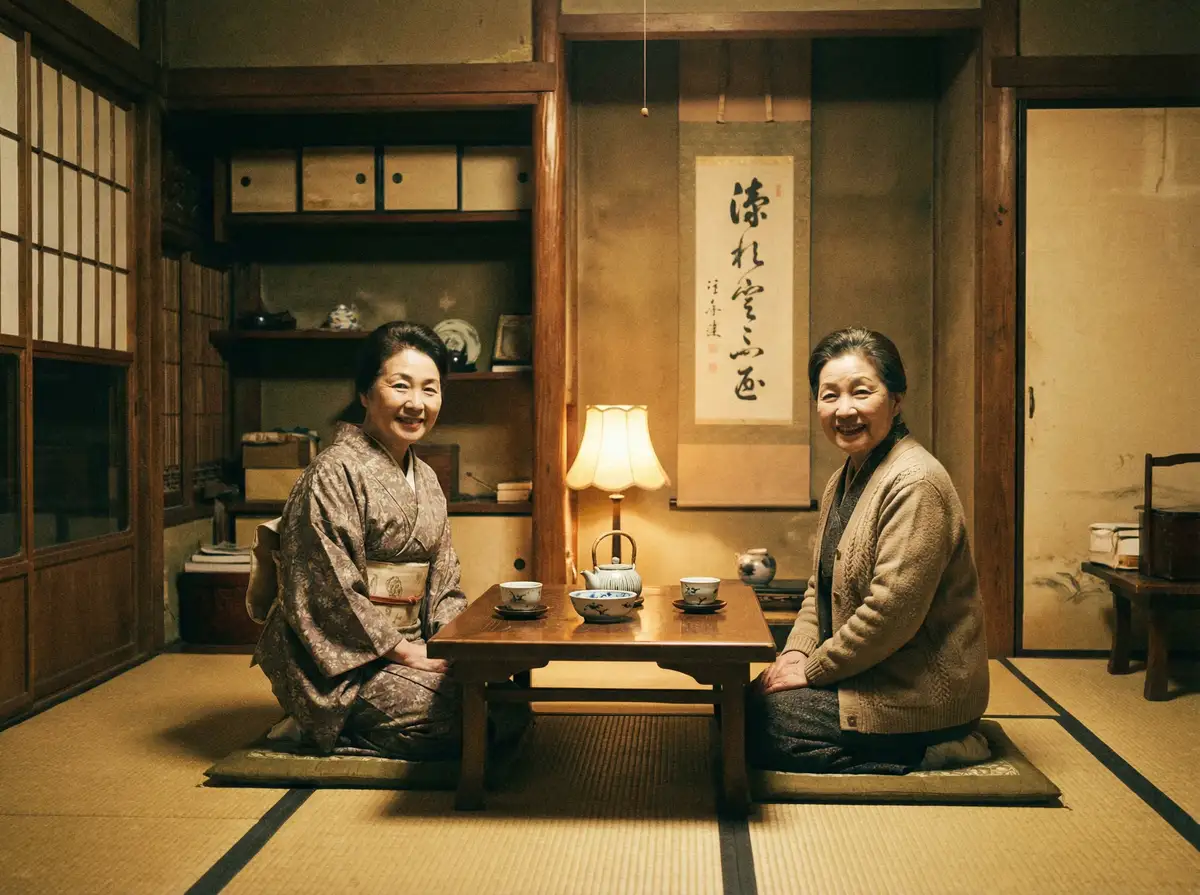 两位优雅的 91软件 在日式茶室中品茶交谈